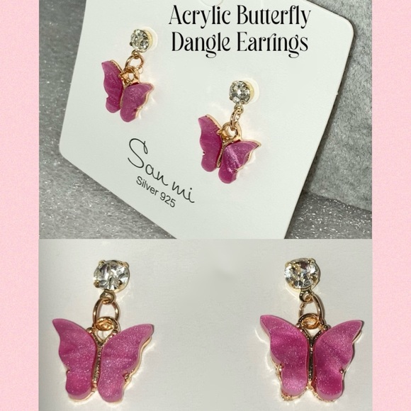 3-$15 Cute Dusty Rose Acrylic Butterfly Dangle Earrings - Picture 2 of 5